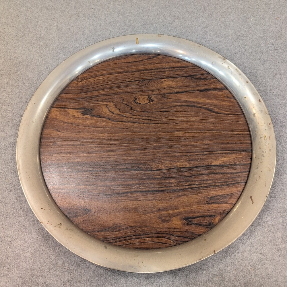 Vintage Round Wood Grain and Metal Serving Tray with Skyscraper Emblem NA307 - Picture 1 of 8